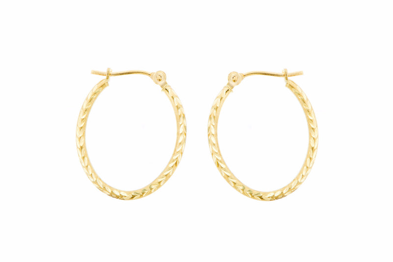 14K Yellow Gold Oval Hoops with Grecian Pattern