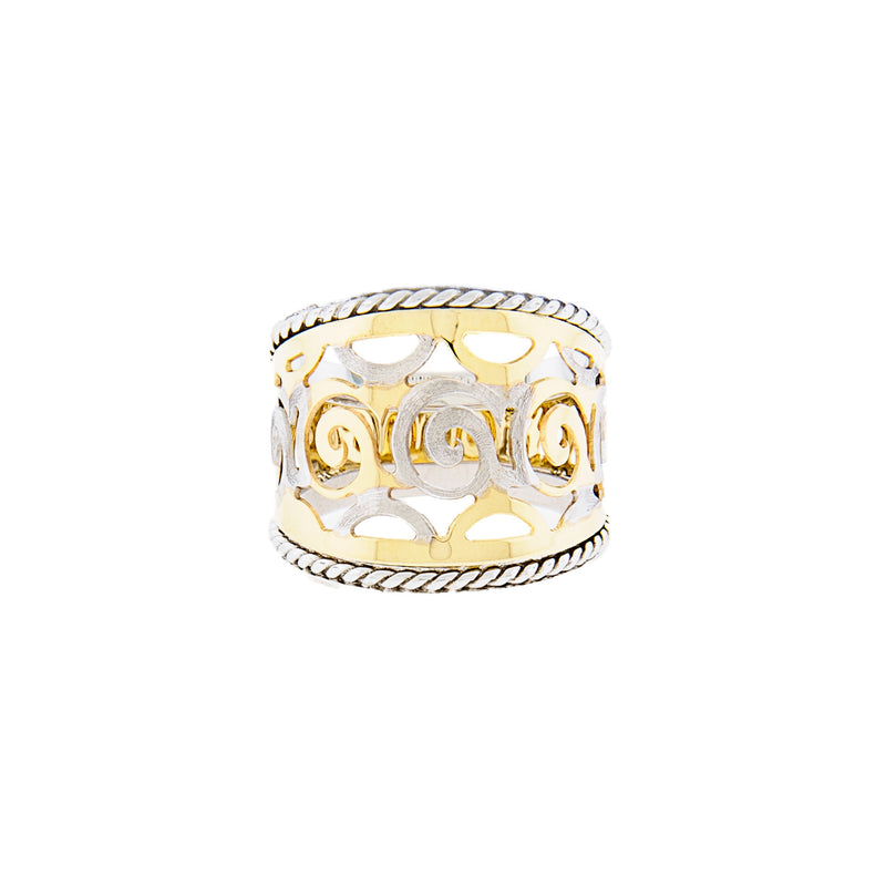 14K Yellow and White Gold Scroll Design Cigar Ring