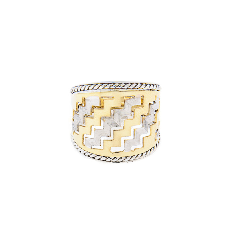 14K Two-Tone Gold Cigar Ring with Zigzag Design