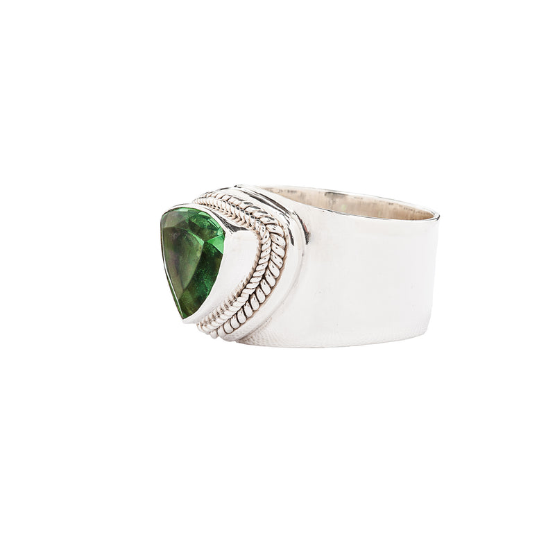 Wide Band Sterling Silver Ring with Green Trillion Quartz