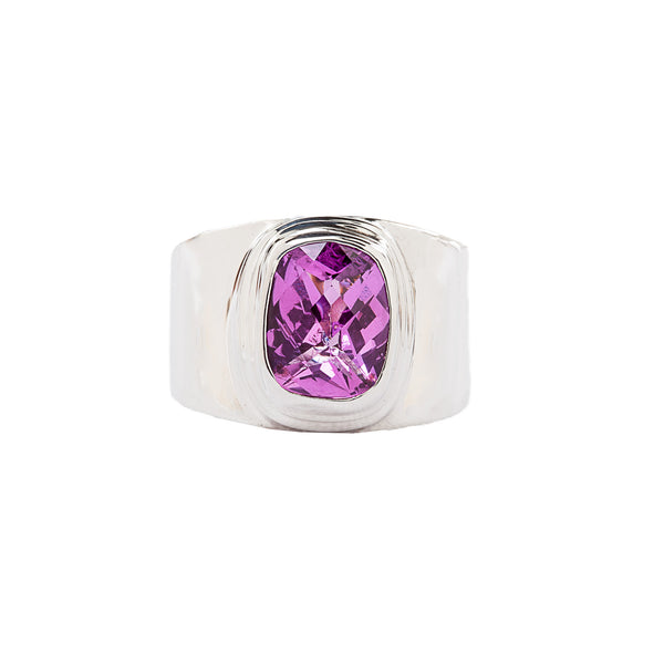 Wide Band Sterling Silver Ring with Fuchsia Faceted Rose Corundum