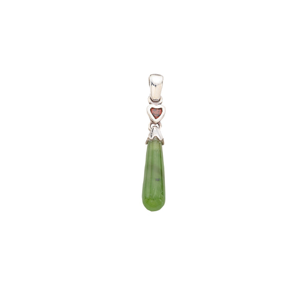 Jade Pendant with Garnet Heart and Sterling Silver Bail