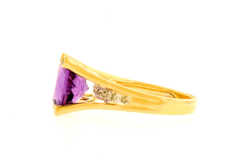 4 Prong Faceted Amethyst & Diamond Ring in 14K Yellow Gold