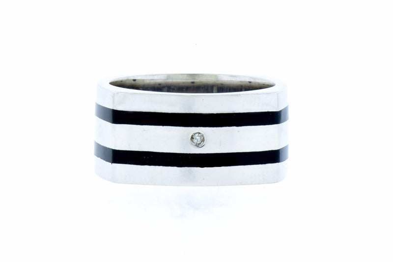 Contoured Square Sterling Silver Ring with Diamond & Black Resin Inlay