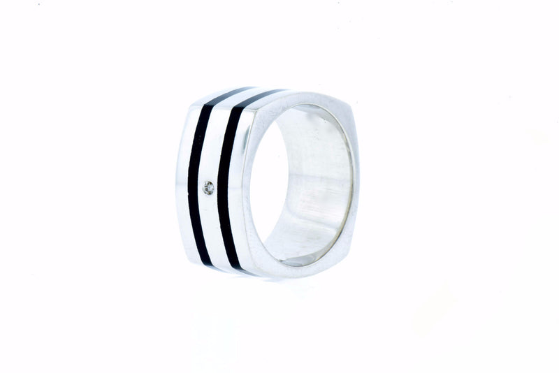 Sterling Silver & Diamond Ring with Black Resin Inlay