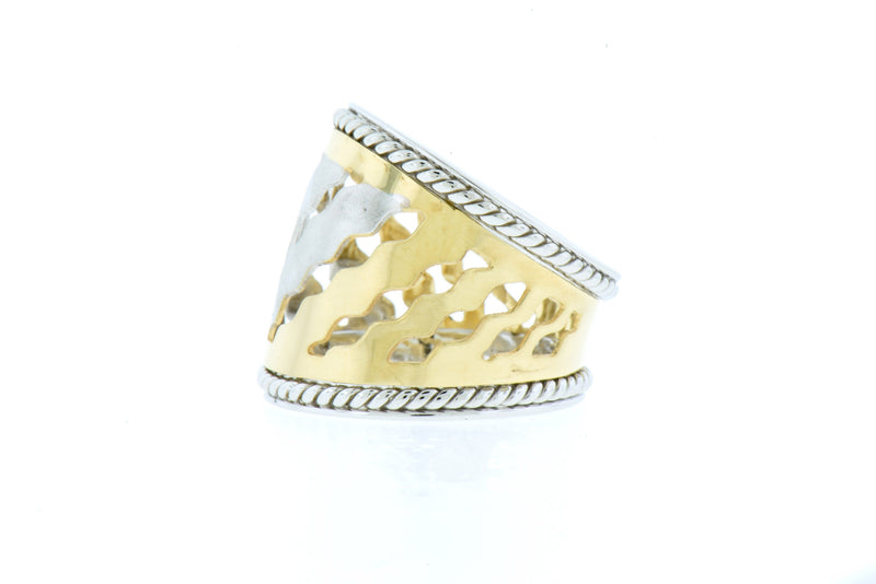 14K White and Yellow Gold Cigar Ring with Squiggle Design
