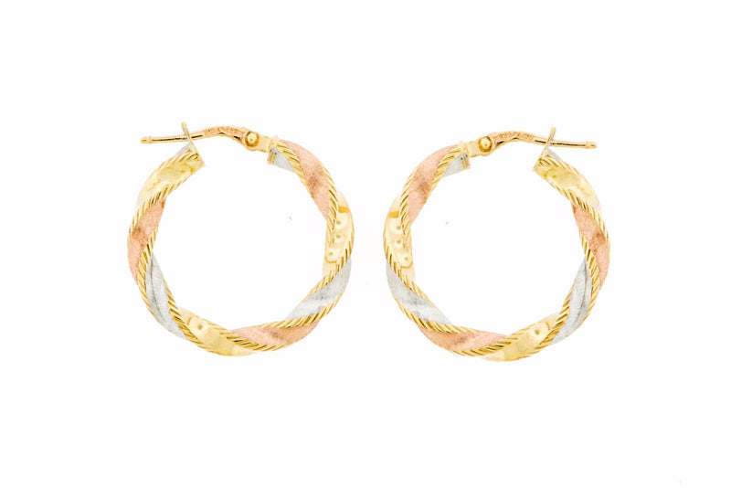 14K Tri-Color Gold Twisted Round Hoop Earrings