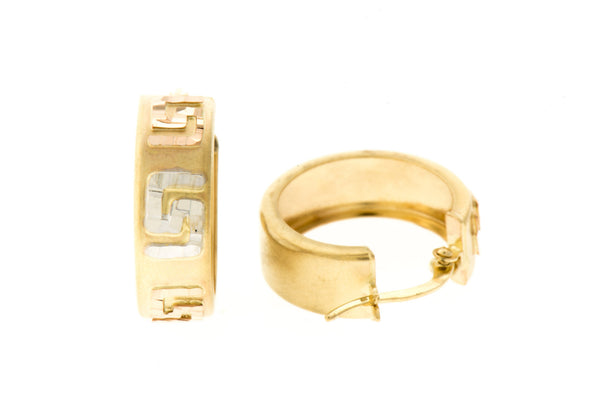 14K Rose Gold Round Hoops with Yellow and White Gold Mayan Pattern