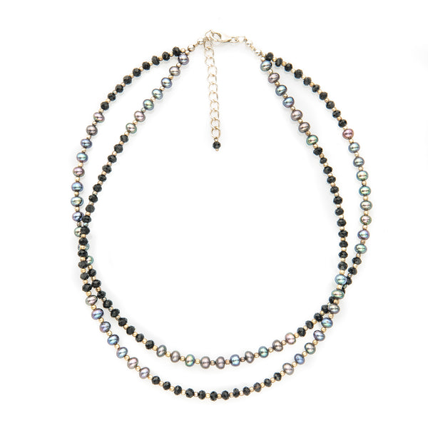 Iridescent Rainbow Pearl and Black Onyx Double Strand Necklace