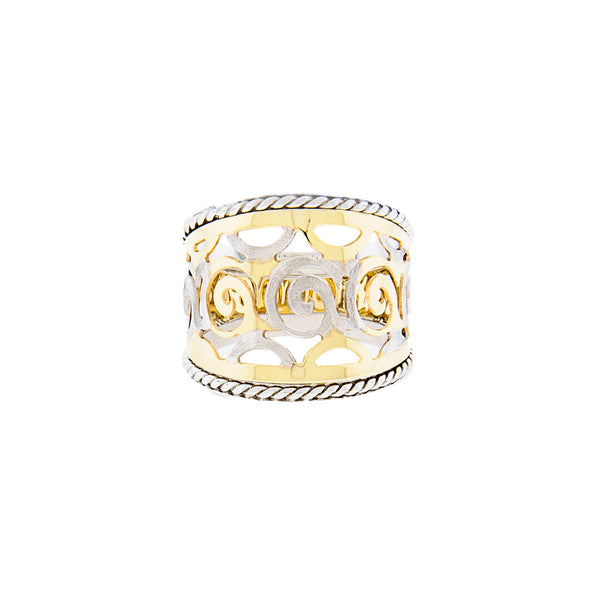 14K Yellow and White Gold Scroll Design Cigar Ring