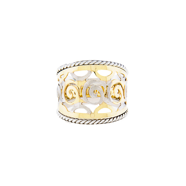 14K Yellow and White Gold Scroll Design Cigar Ring