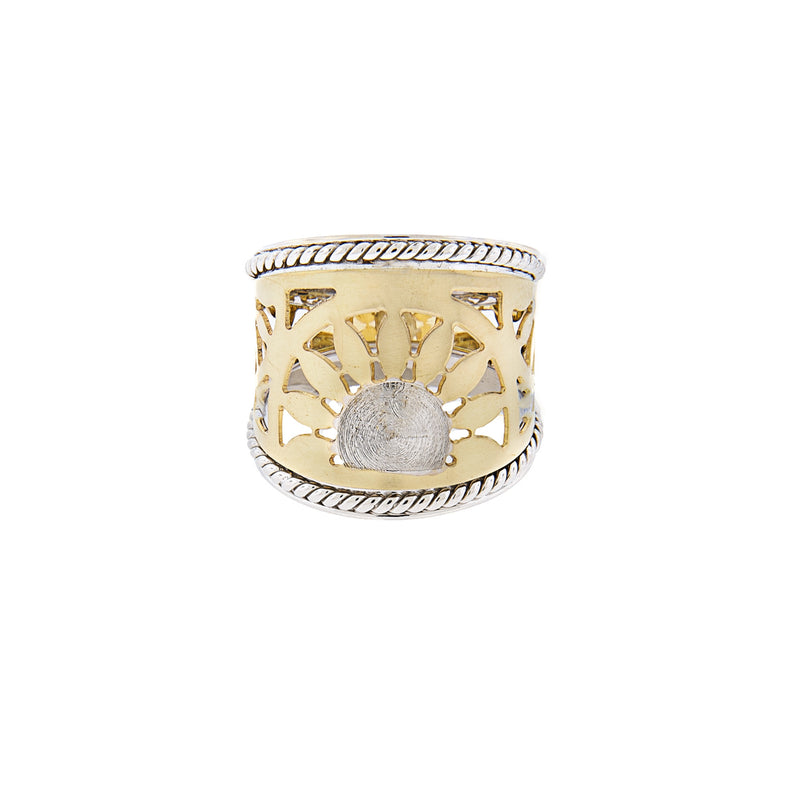 14K Two-Tone Gold Cigar Ring with Sunburst Pattern