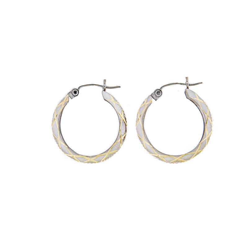14K White Gold Hoop Earrings with 14K Yellow Gold etched design