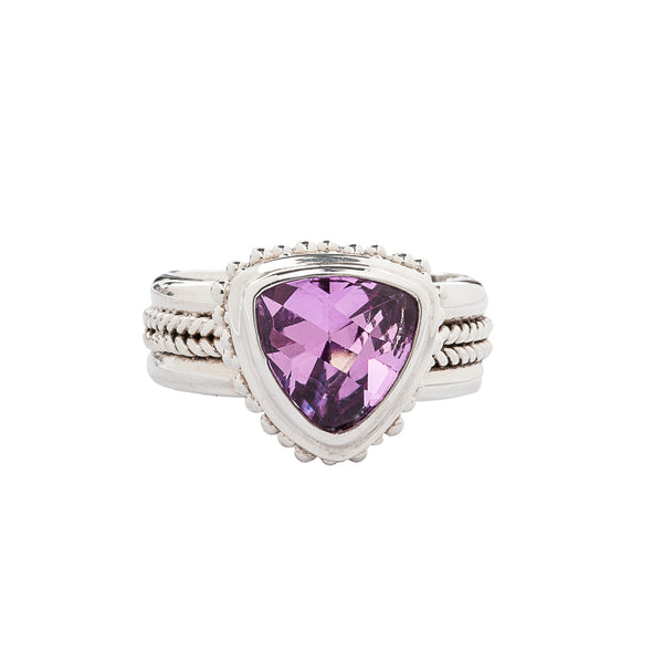 Handcrafted Sterling Silver Ring with Trillion Shape Rose Corundum Bali Style Bezel