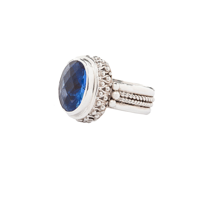 Handcrafted Sterling Silver Ring Bali Style with Blue Quartz