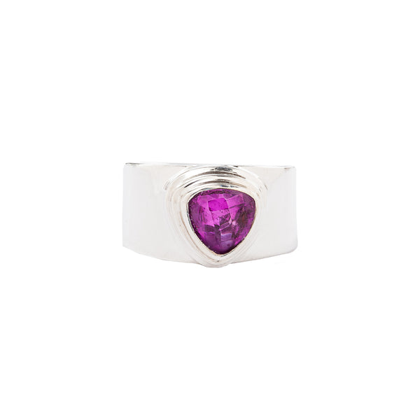 Trillion Rose Corundum Wide Band Sterling Silver Ring