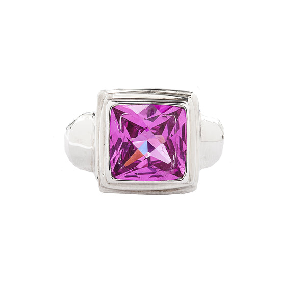 Electric Pink Square Rose Corundum Sterling Silver Ring