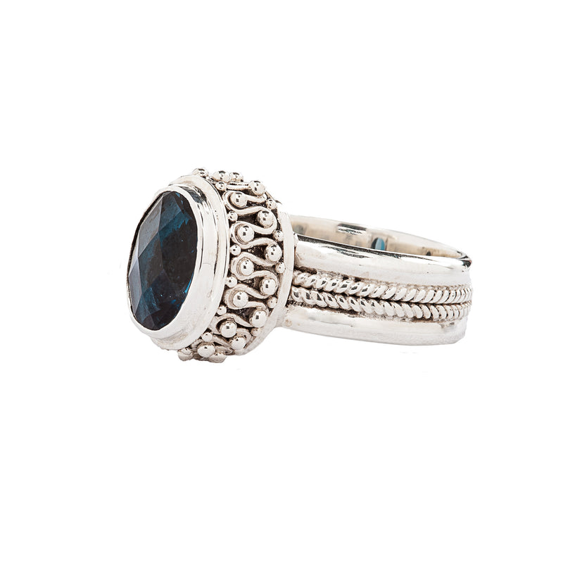 Bali Style Sterling Silver Ring with Faceted Blue Spinel