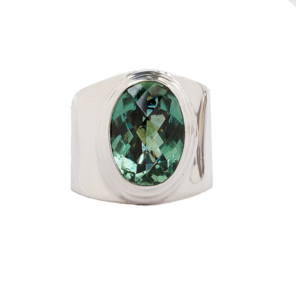 Green Quartz Wide Band Sterling Silver Ring