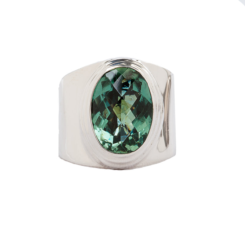 Green Quartz Wide Band Sterling Silver Ring