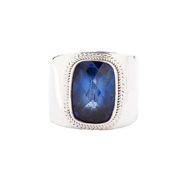 Cushion Blue Quartz Wide Band Sterling Silver Ring