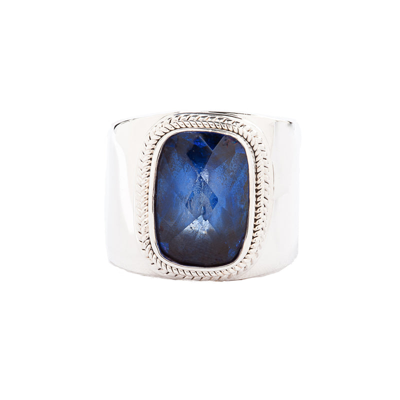 Cushion Blue Quartz Wide Band Sterling Silver Ring