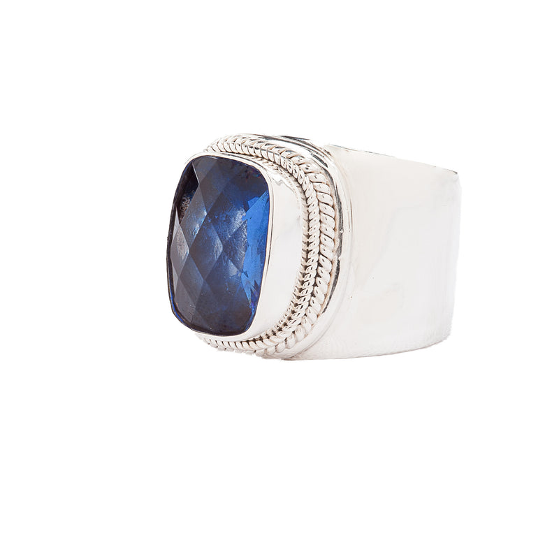 Rope Bezel Handcrafted Blue Quartz Wide Band Sterling Silver Ring