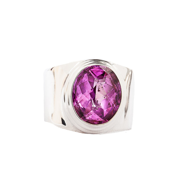 Wide Band Silver Ring with Oval Rose Corundum