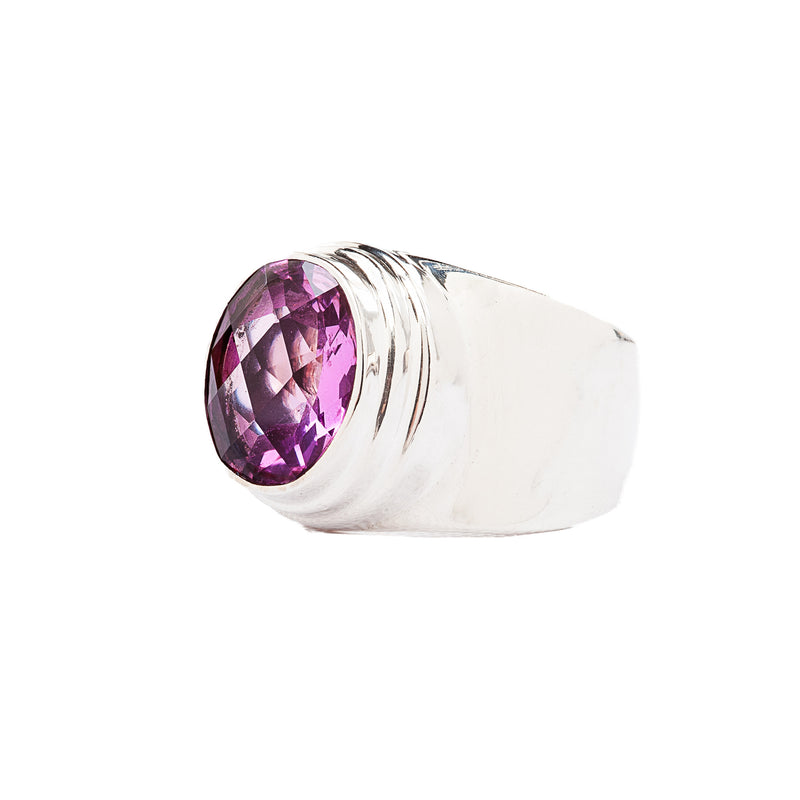 Oval Rose Corundum Sterling Silver Wide Band Ring
