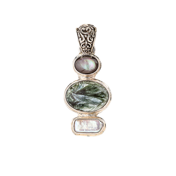 Grey Chrysoberyl Catseye, Seraphinite, Mother of Pearl Pendant