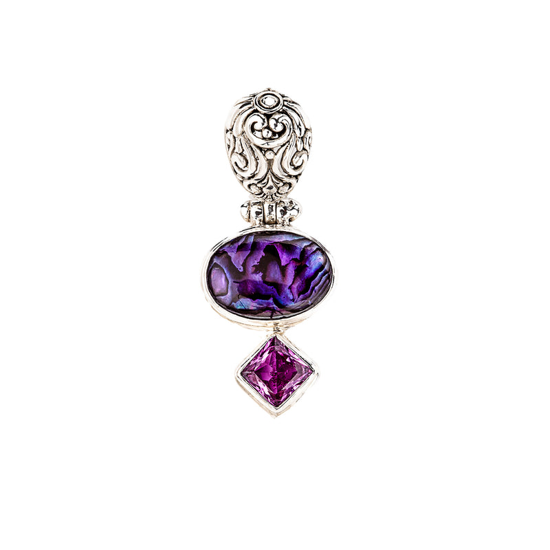 Purple Abalone and Pink Quartz Pendant set in Designer Sterling Silver