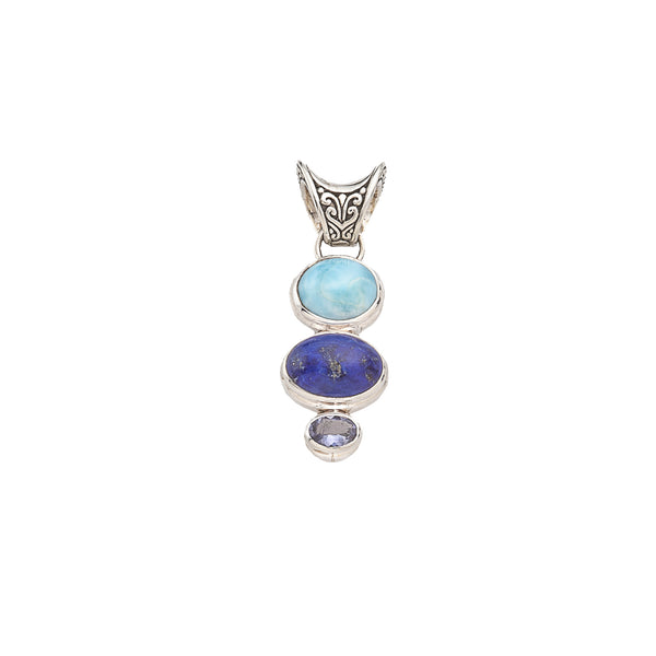 Larimar, Lapis, Iolite Sterling Silver Pendant with Saddle Bail