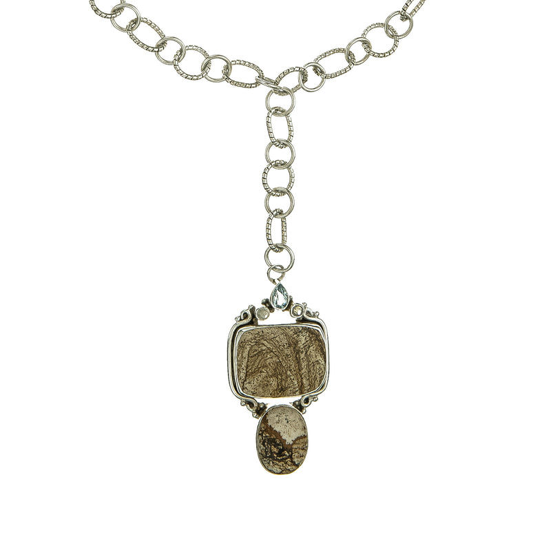 Sterling Silver Chain LInk Necklace with Picture Jasper Drop Pendant