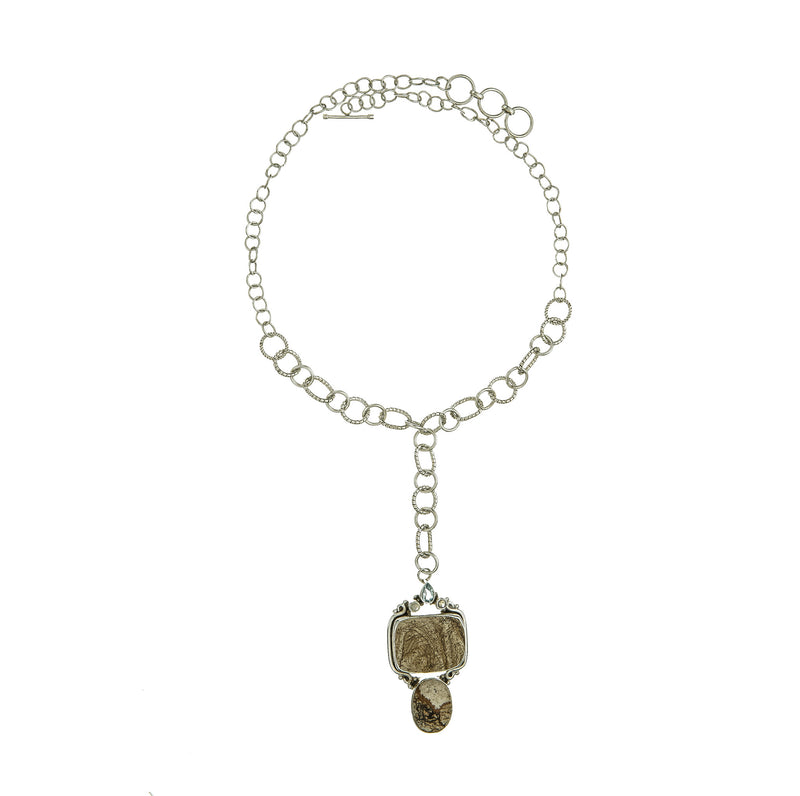 Picture Jasper Drop Pendant Sterling Silver Chain Link Necklace
