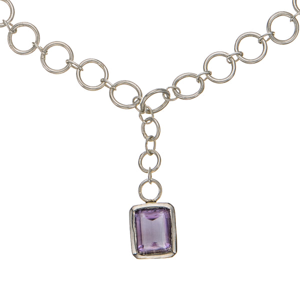 Large Link Amethyst Drop Necklace Sterling Silver