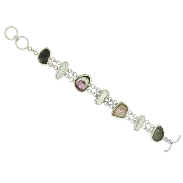 Wide Sterling Silver Freshwater Pearl & Watermelon Tourmaline Bracelet