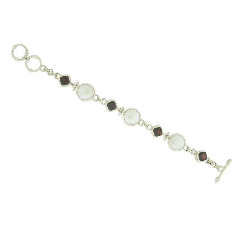 Cultured Pearl & Garnet Link Bracelet Sterling Silver