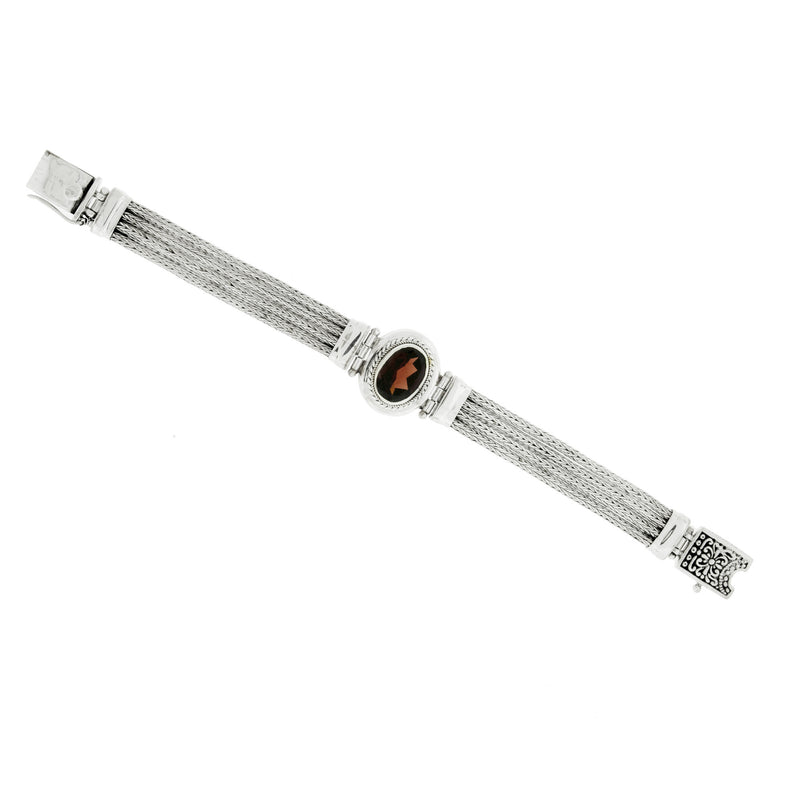 Large Garnet Bali Style Sterling Silver Bracelet